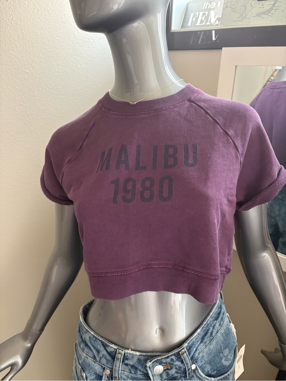 Zara Purple 'Malibu 1980' Cropped Crewneck Tee